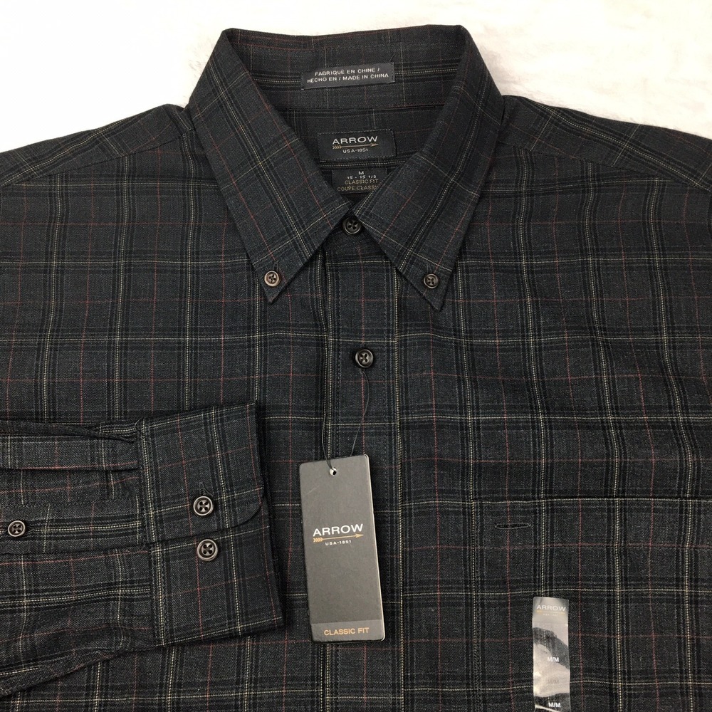 ARROW Dress Shirt Mens Medium Dark Gray‎ w/Black-Red Checks Heritage Twill NWT!